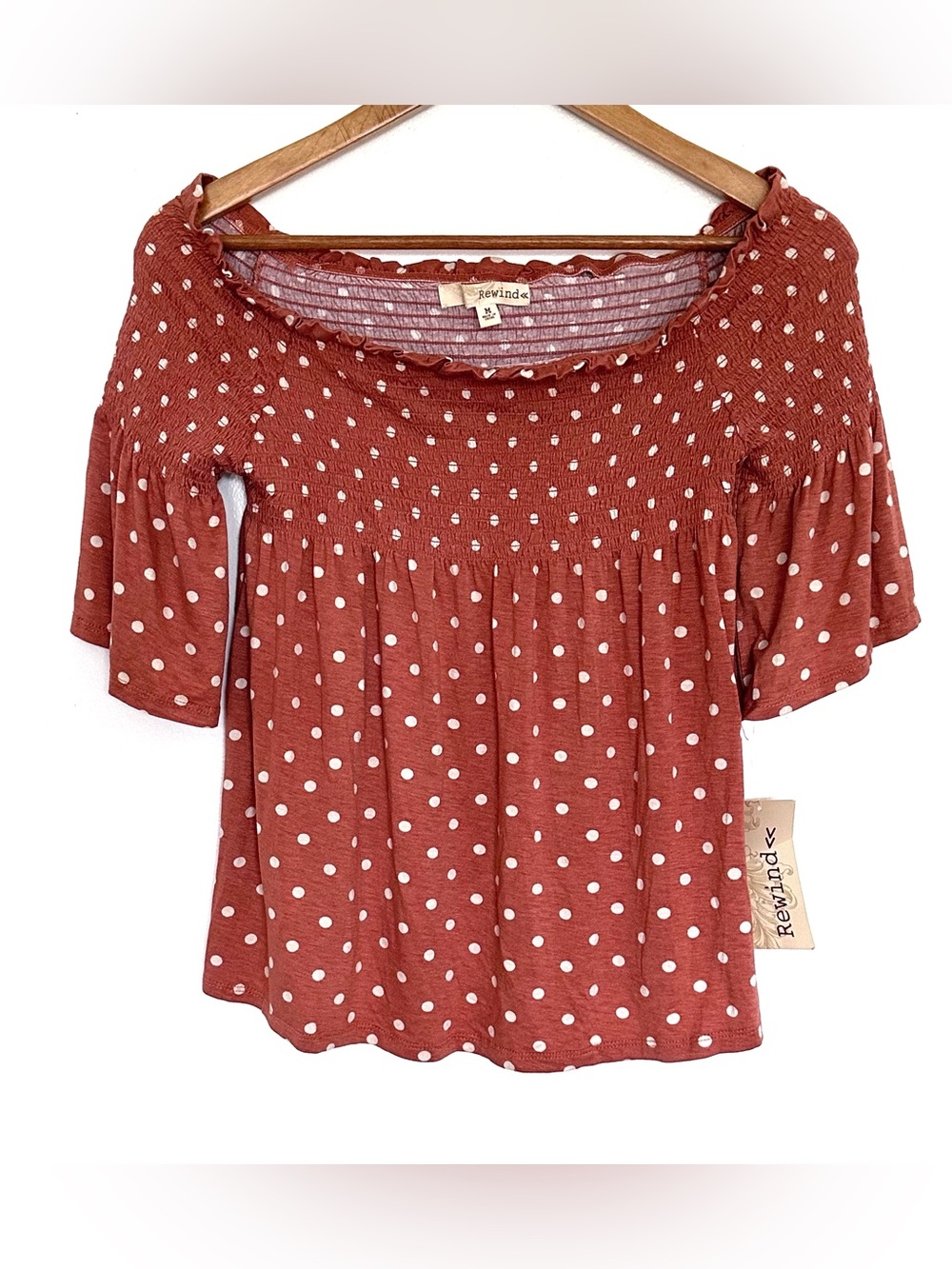 NWT Rewind Shirt Women’s Medium Orange White Polka Dot Off The Shoulder Top